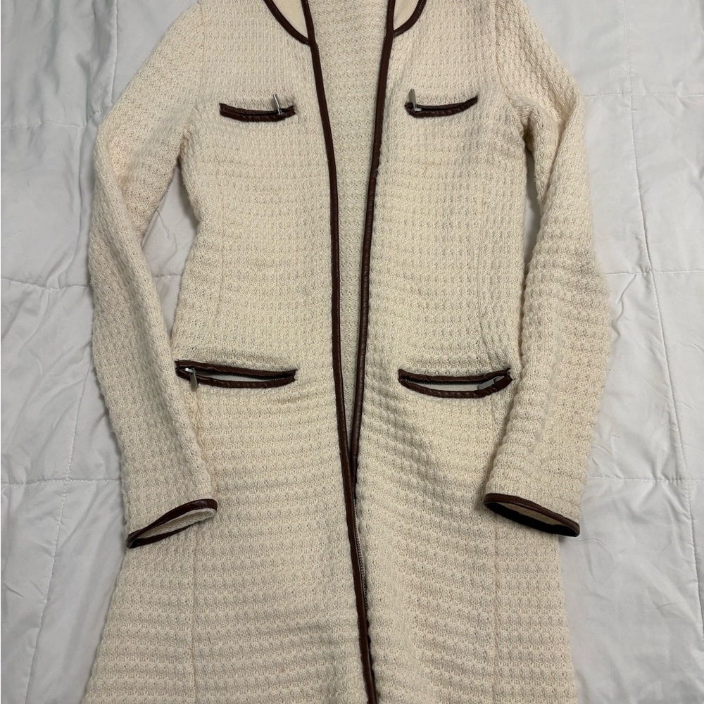 Boston Proper Cream Knit Cardigan with Brown Accents
